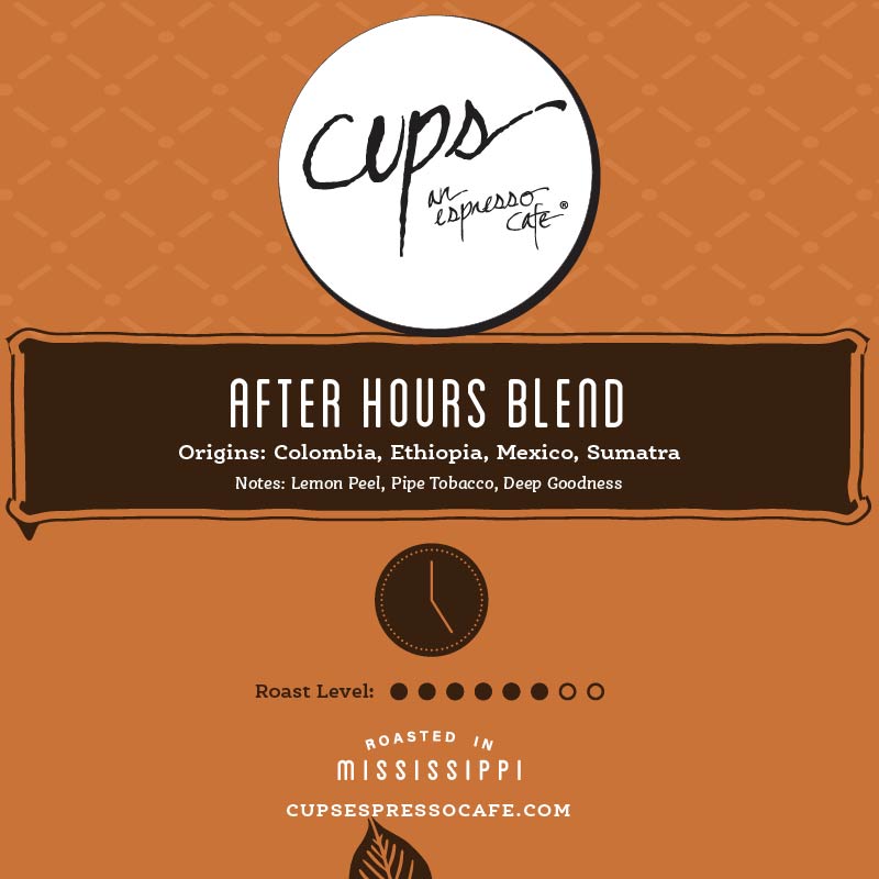 After Hours Blend dark roast coffee label with clock icon showing Colombia Ethiopia Mexico Sumatra origins and lemon peel pipe tobacco notes