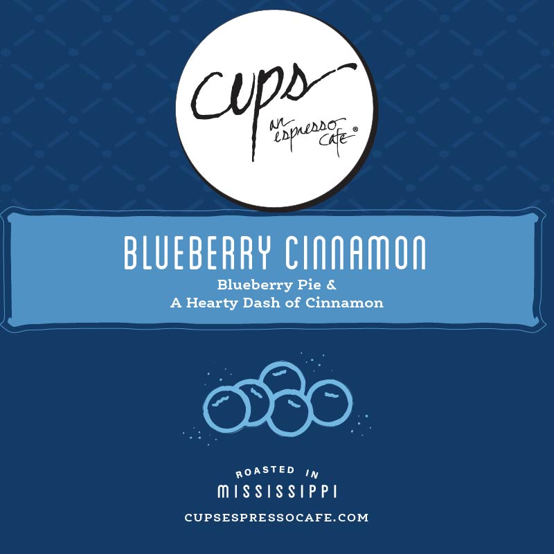 Blueberry Cinnamon flavored coffee label with blueberry illustration showing blueberry pie and cinnamon flavor notes on blue background