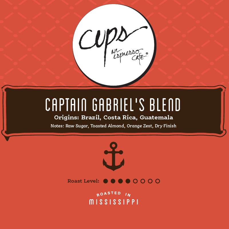 Captain Gabriel's Blend coffee label showing medium roast level, Brazil Costa Rica Guatemala origins, and raw sugar toasted almond orange zest tasting notes