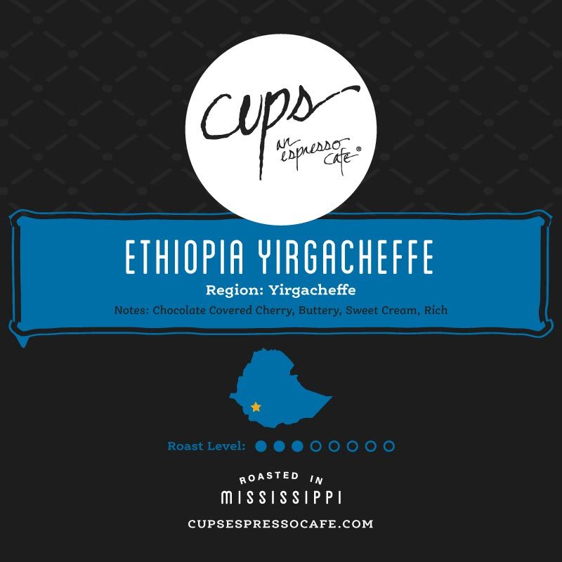 Ethiopia Yirgacheffe coffee label with Ethiopia country outline showing Yirgacheffe region and chocolate covered cherry buttery sweet cream rich tasting notes