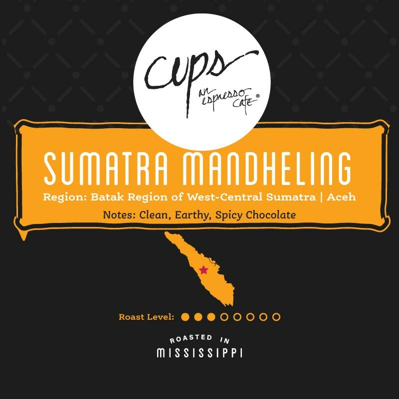 Sumatra Mandheling coffee label with Sumatra island outline showing Batak region West-Central Sumatra Aceh origin and clean earthy spicy chocolate tasting notes